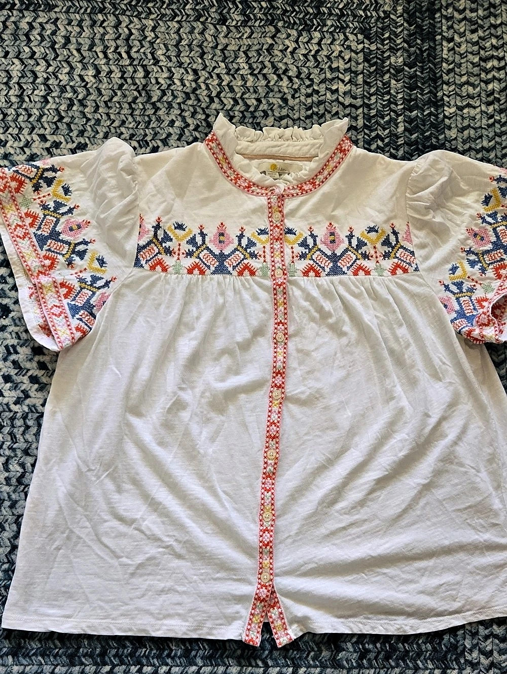 boden Erica Cotton Frill Top Blouse White & Multicolor UK 16 US 12